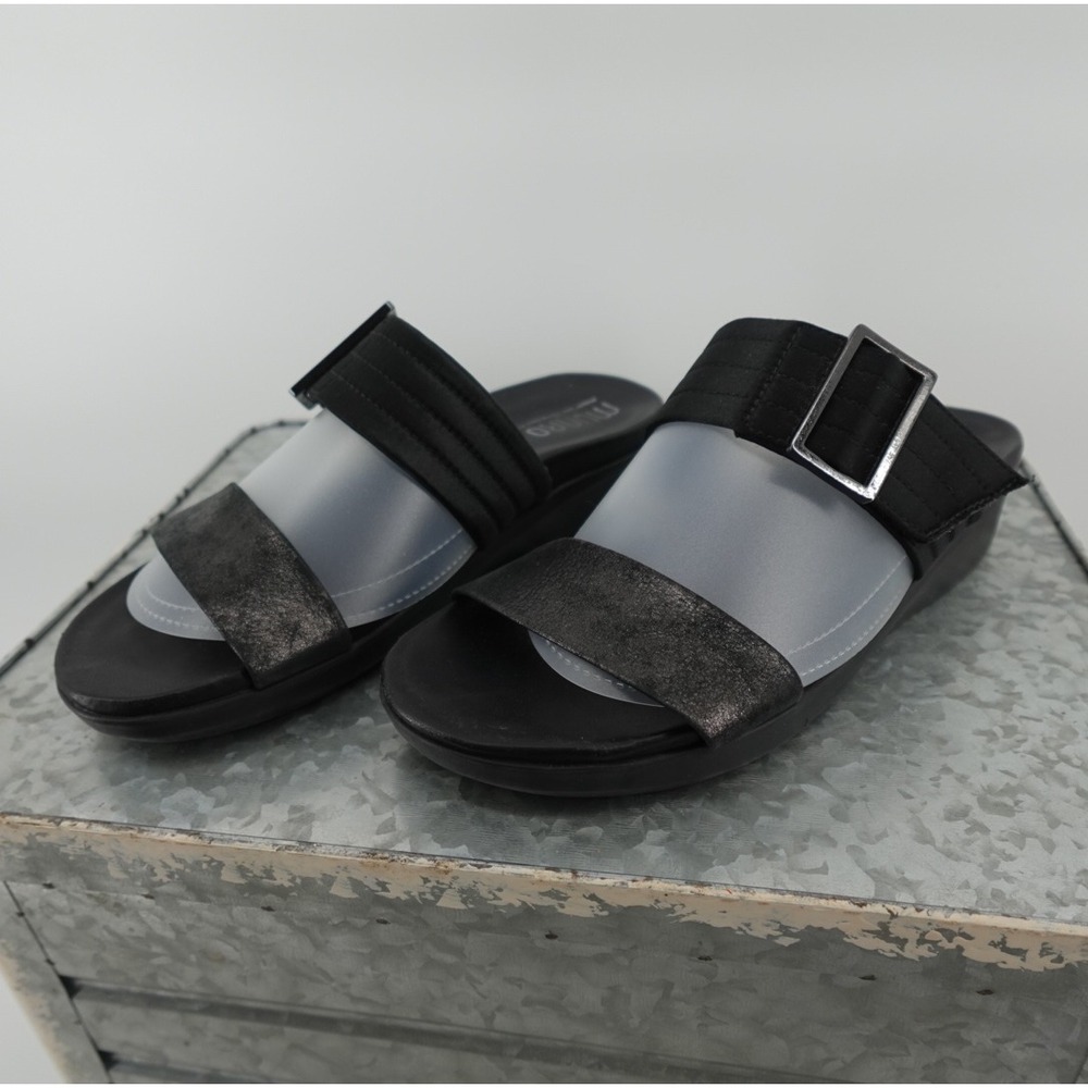 Munro American Womens Black Metallic Slide Sandals Wedge Comfort Shoes 8M M4427